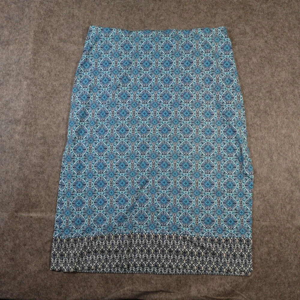 J. Jill Skirt Womens‎ Large Petite Midi Tile Print Blue Pull On Stretch